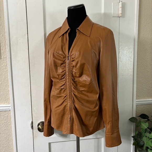 LAFAYETTE 148 Rouched Zip Front 100% Lambskin Shirt/Jacket